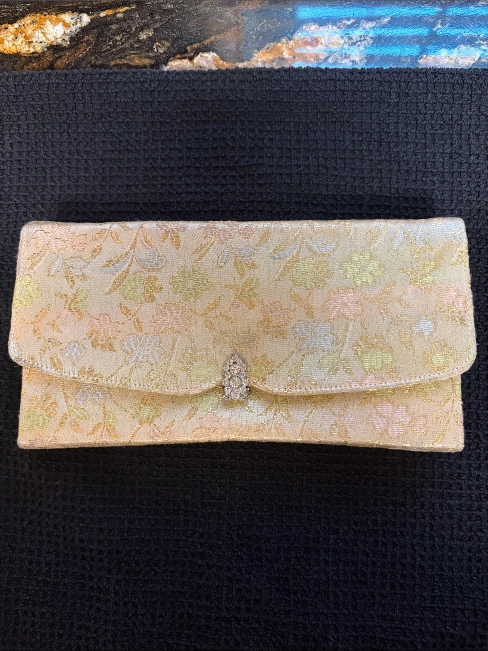 Pegi Paris Vintage Floral Tapestry Brocade bag with Rhinestone Comb & Mirror